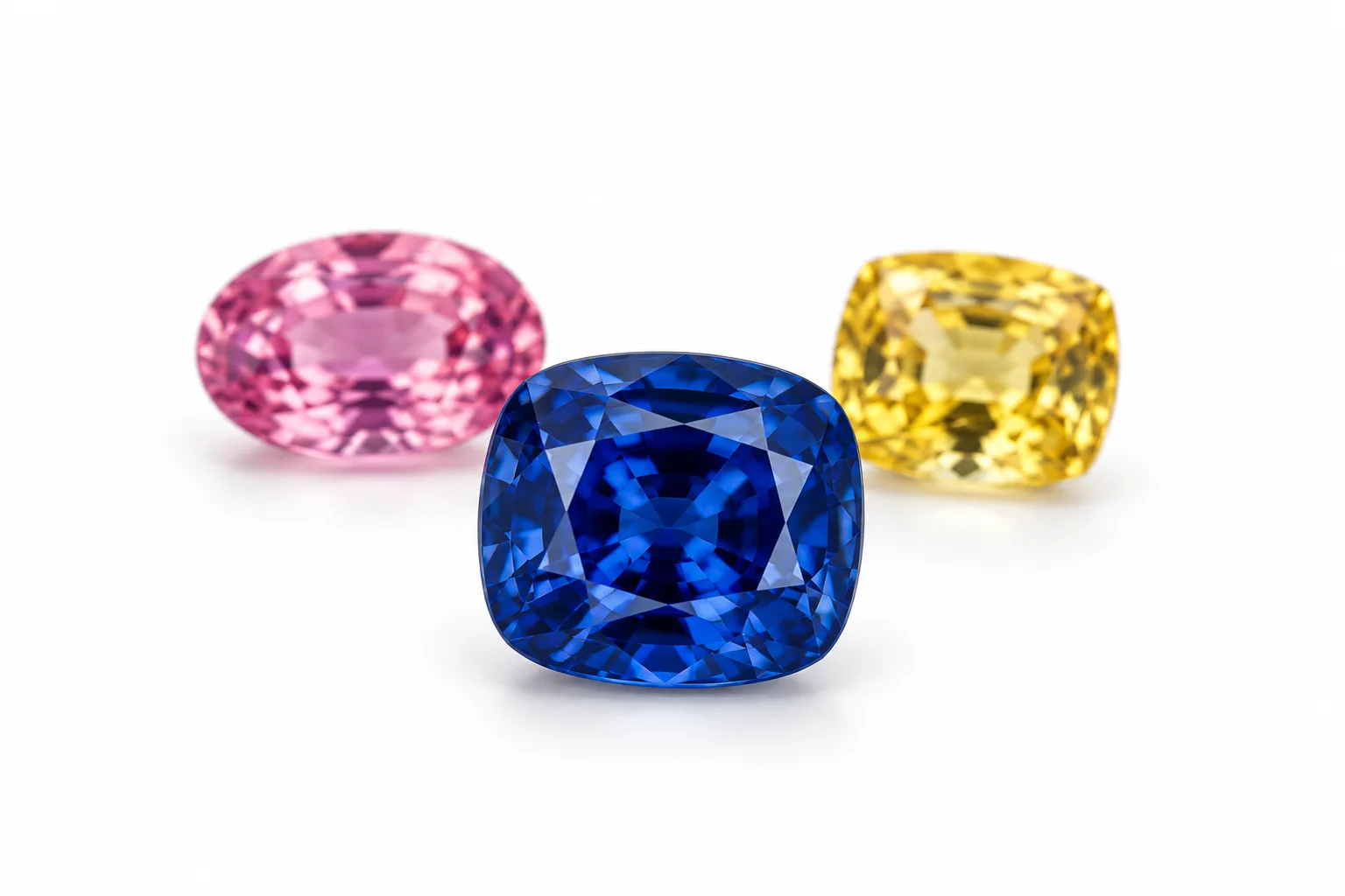 Natural Ceylon sapphires from Sri Lanka in blue, pink, yellow, white and padparadscha, loose on a gem paper