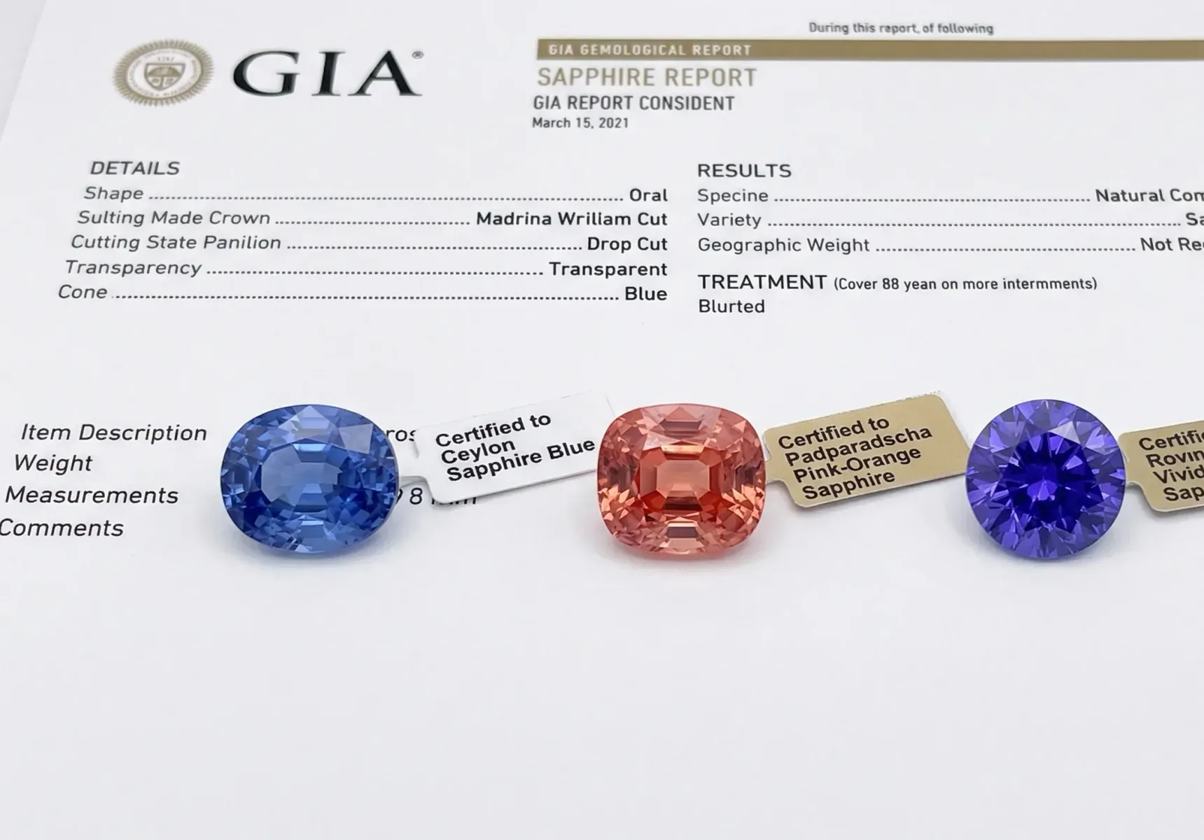 Three certified sapphires, blue, padparadscha and violet, laid on a gemological report with their certification tags