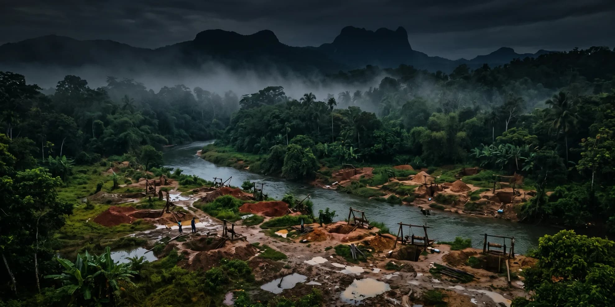 Hand-dug gem pits along a misty river valley in Sri Lanka's gem country, mountains behind