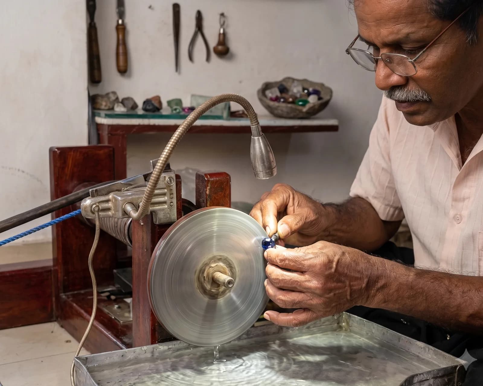 A cutter faceting a blue sapphire by hand at a workshop in Ratnapura
