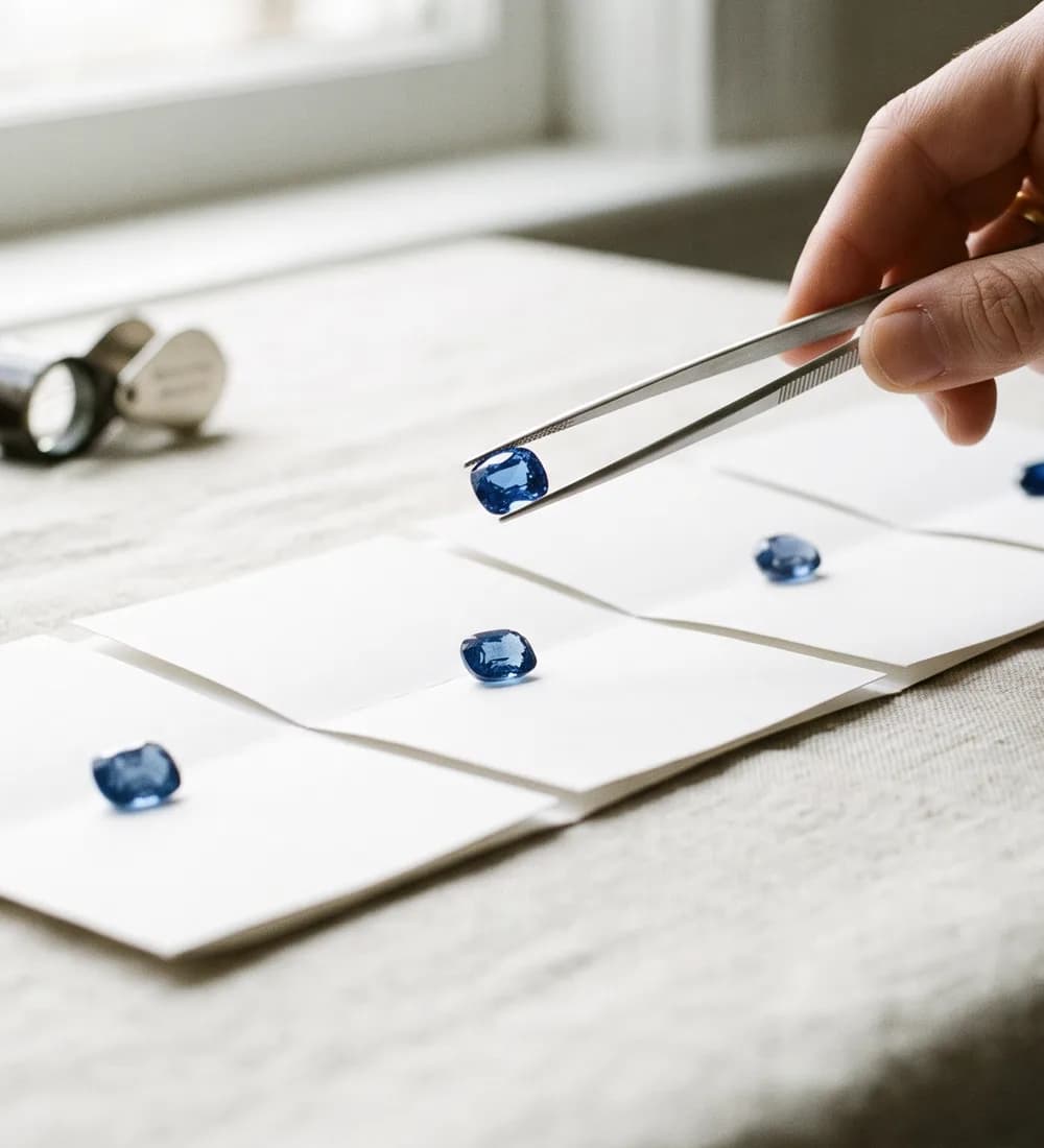 Blue Ceylon sapphires on folded gem papers in daylight, one lifted with tweezers for inspection