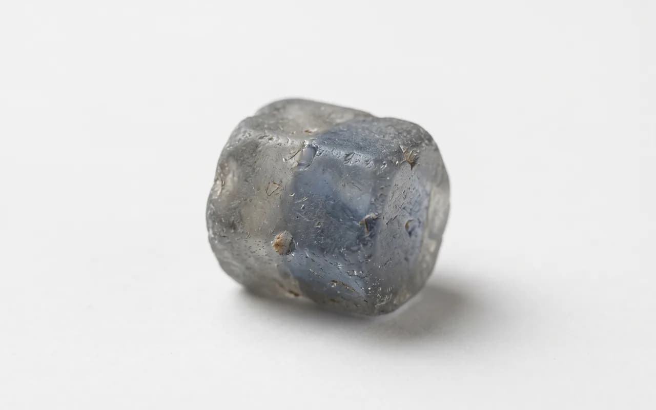 Rough natural blue sapphire crystal, waterworn with a visible blue colour zone, on a white ground