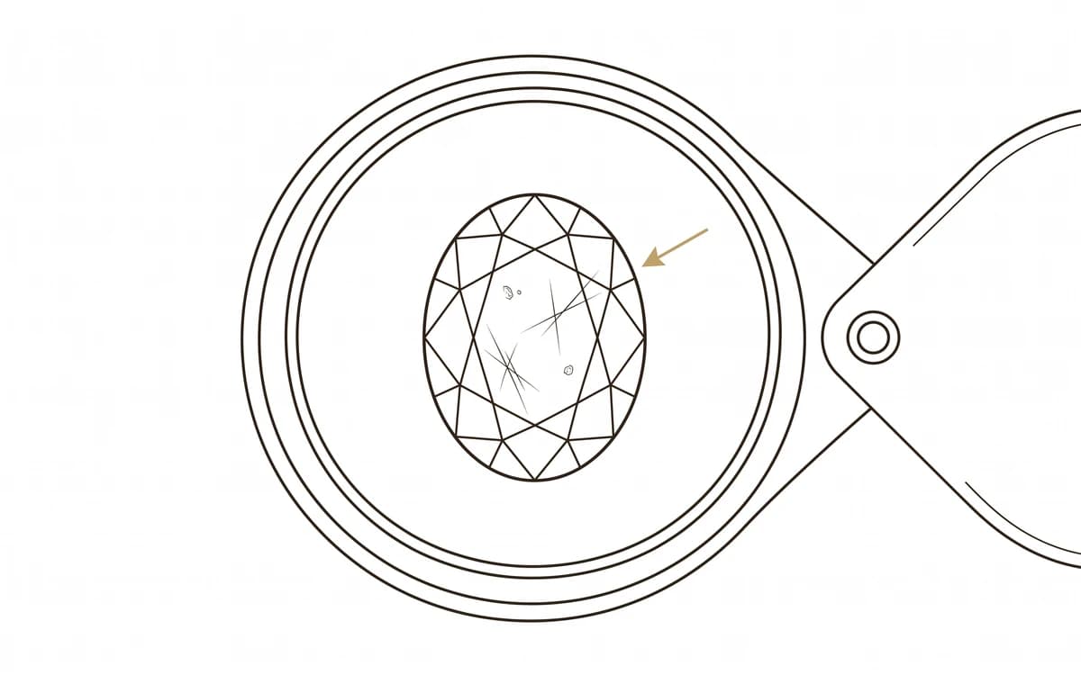 Line diagram of a jeweller's loupe over an oval sapphire, an arrow pointing out fine inclusions inside the stone
