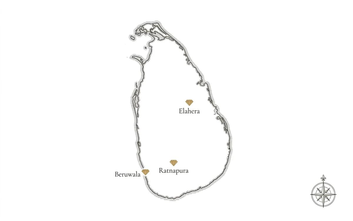 Engraved map of Sri Lanka marking the gem districts of Elahera, Ratnapura and Beruwala