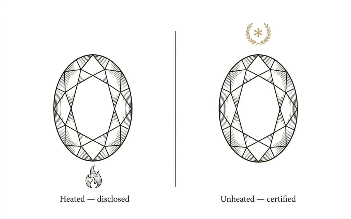 Diagram comparing two sapphires — heated and disclosed, marked with a flame, and unheated certified, marked with a laurel