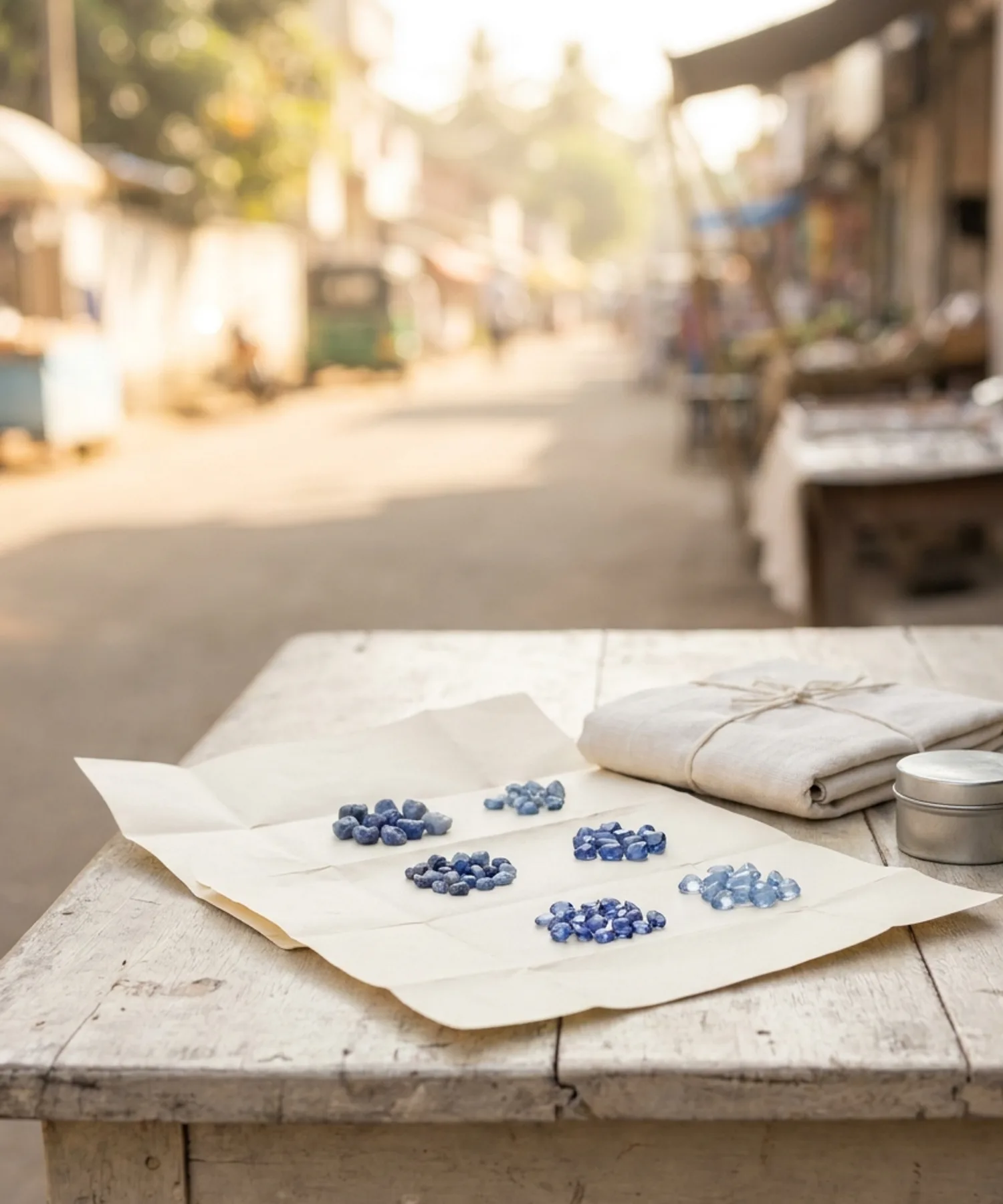 Gem papers holding rough and cut blue sapphires on a dealer's table at a Sri Lankan street market