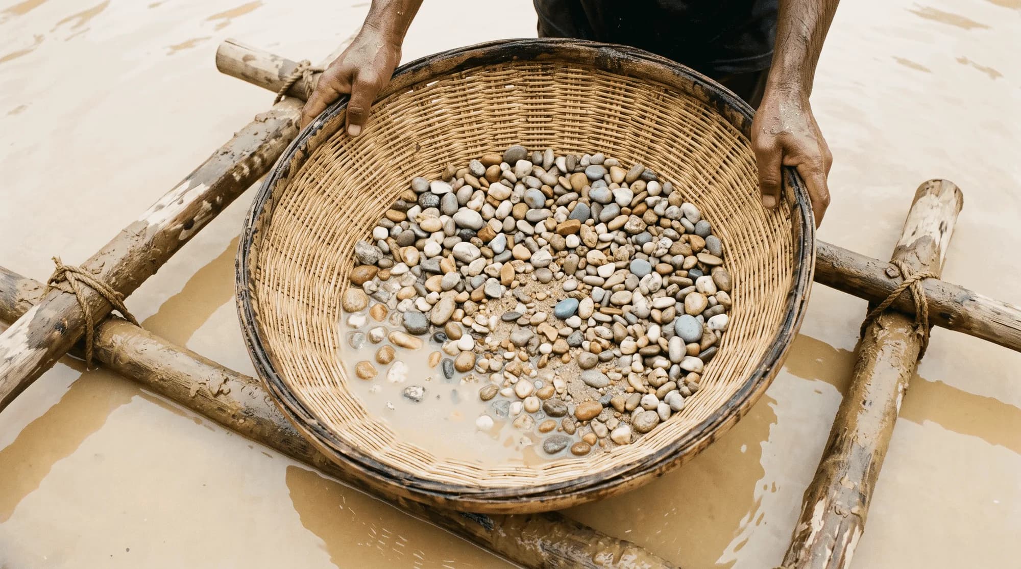 Washed gem gravel in a cane basket, held over silty water at a Sri Lankan gem pit