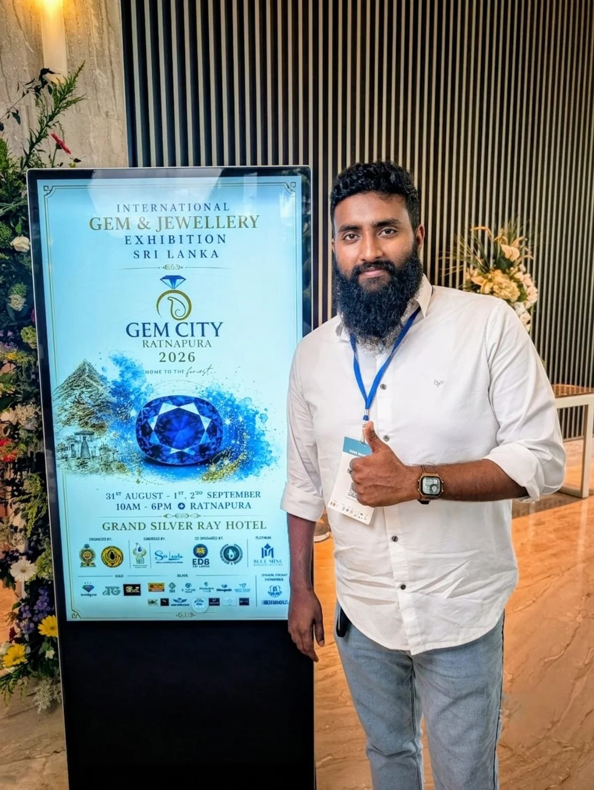 Naseef AR, founder of Crestonne, at the International Gem and Jewellery Exhibition in Ratnapura, Sri Lanka