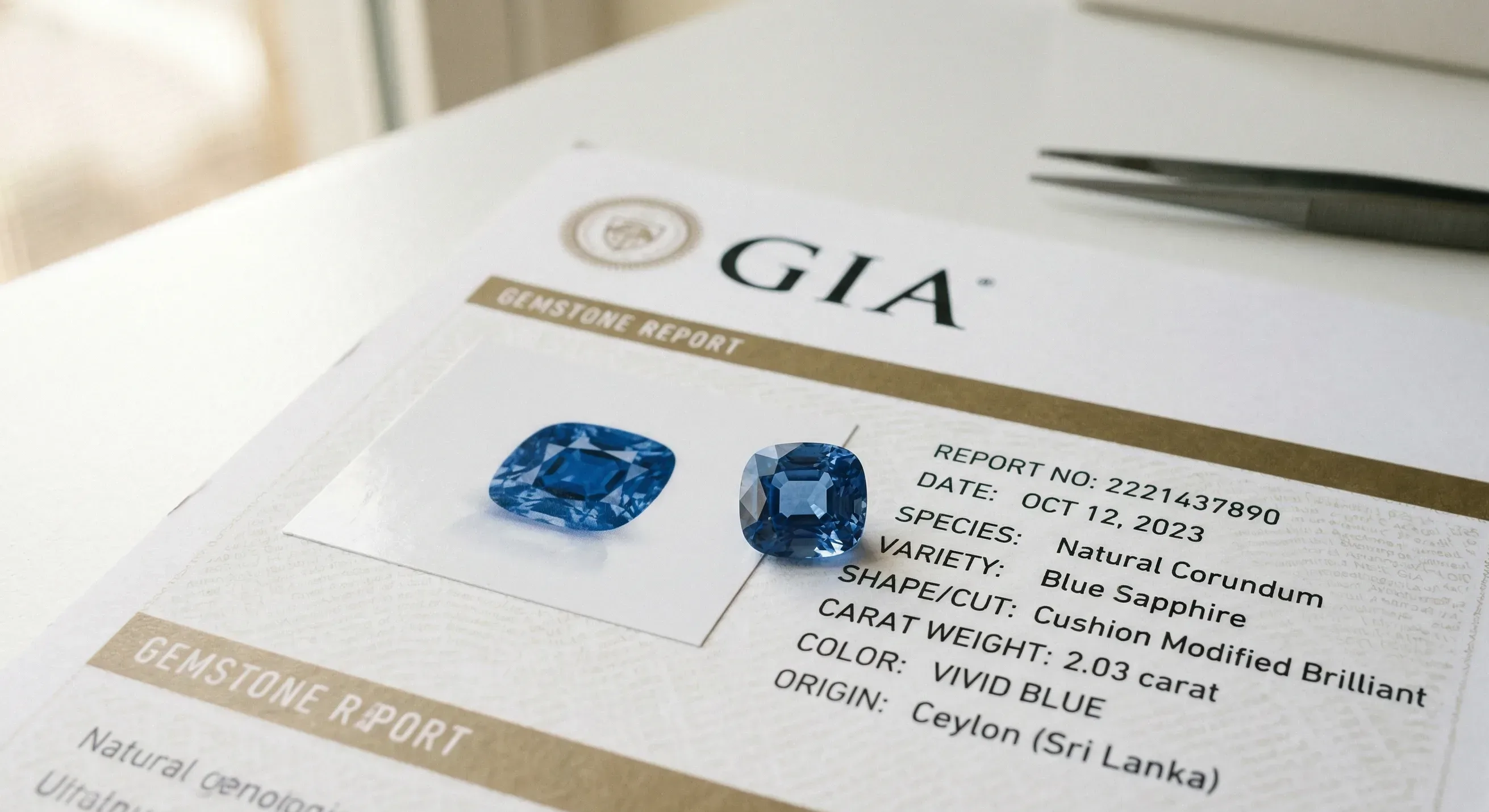 Cushion-cut vivid blue sapphire on a GIA Gemstone Report listing Ceylon (Sri Lanka) as geographic origin.
