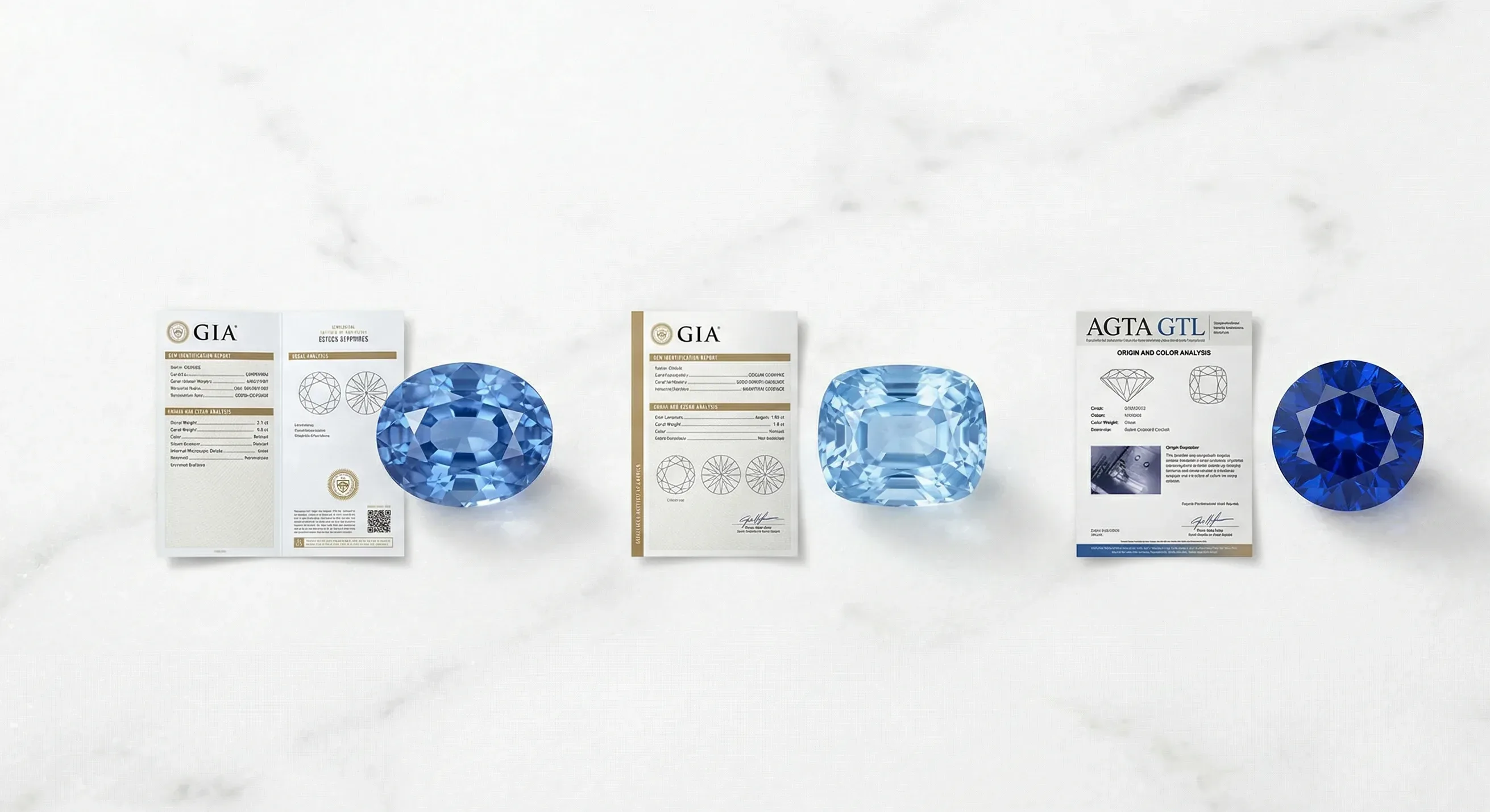 Three blue sapphires in oval, cushion, and round cuts on marble, each beside its laboratory report from GIA or AGTA GTL.