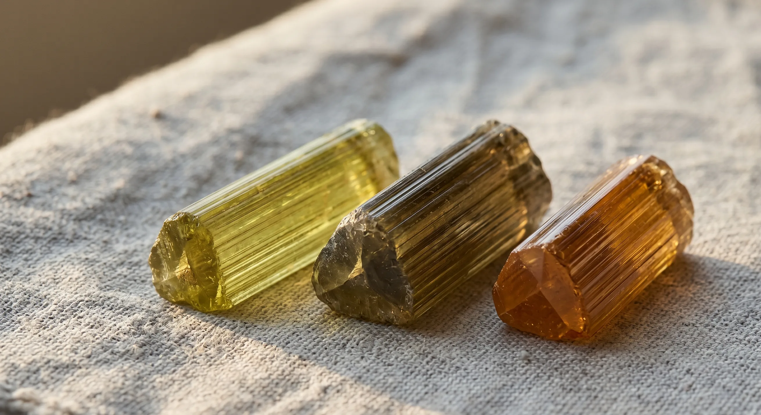 A row of three loose Sri Lankan tourmaline crystals on weathered cotton fabric, showing the characteristic elongated prismatic habit with strong vertical striations and clear triangular cross-section, in warm window light.