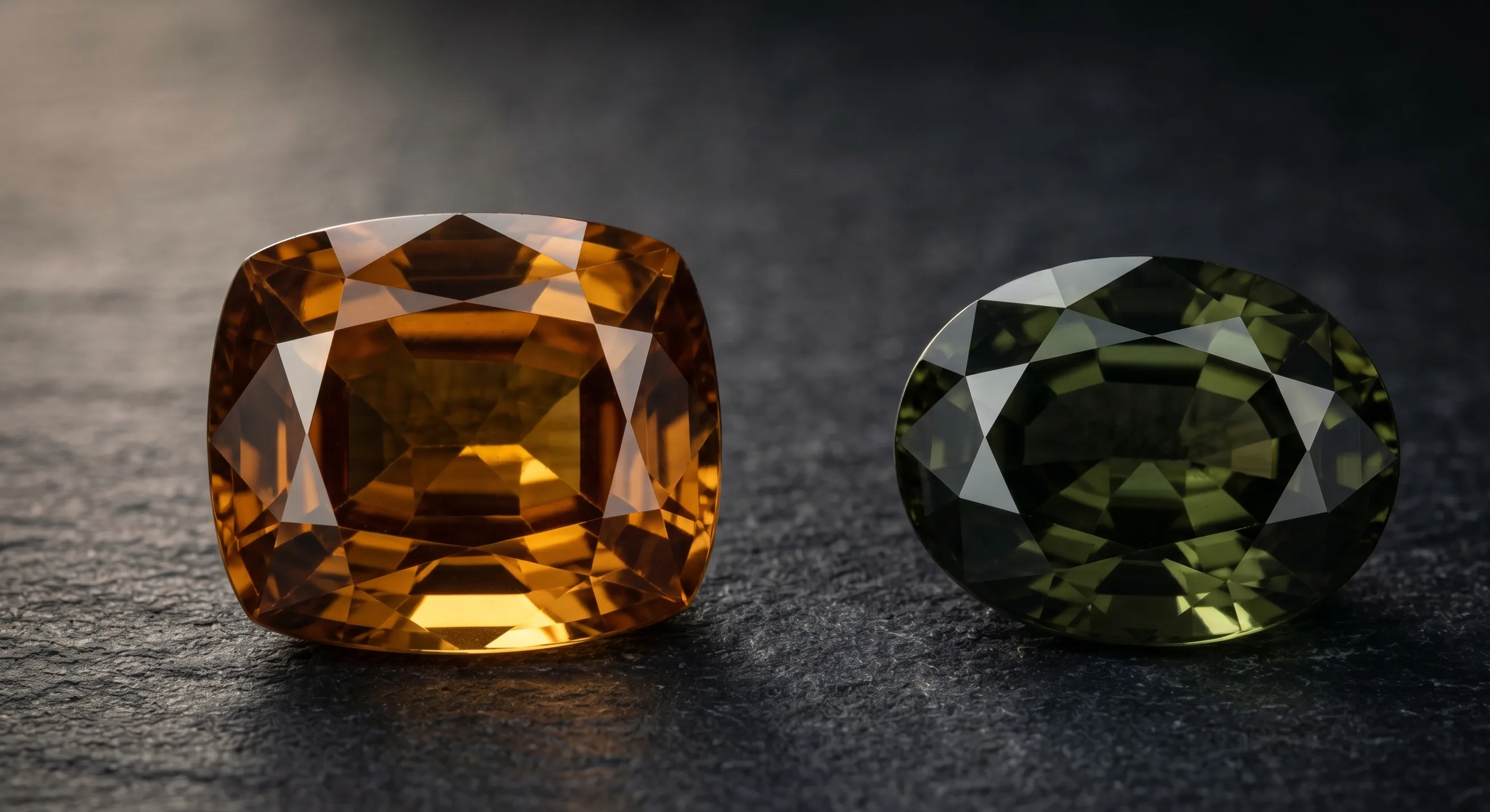 A pair of cut and polished Sri Lankan tourmalines, a deep honey-brown cushion and an olive-green oval, sitting side by side on dark slate with one soft side-light catching the table of each stone.
