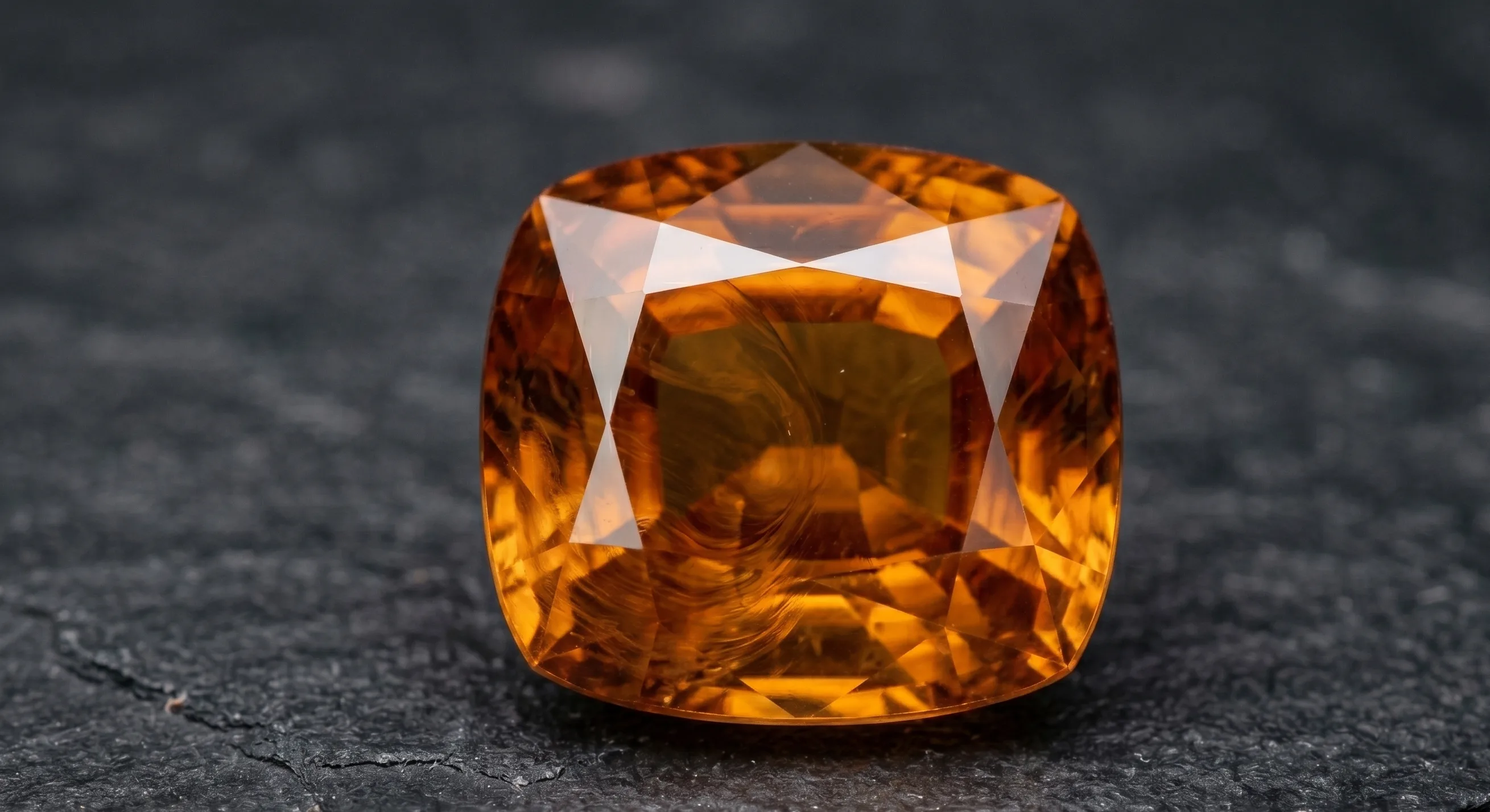 A close-up macro shot of a faceted Sri Lankan hessonite cushion showing the characteristic honey-amber body and the swirled treacle-like inclusion pattern visible under direct light, sitting on dark slate.