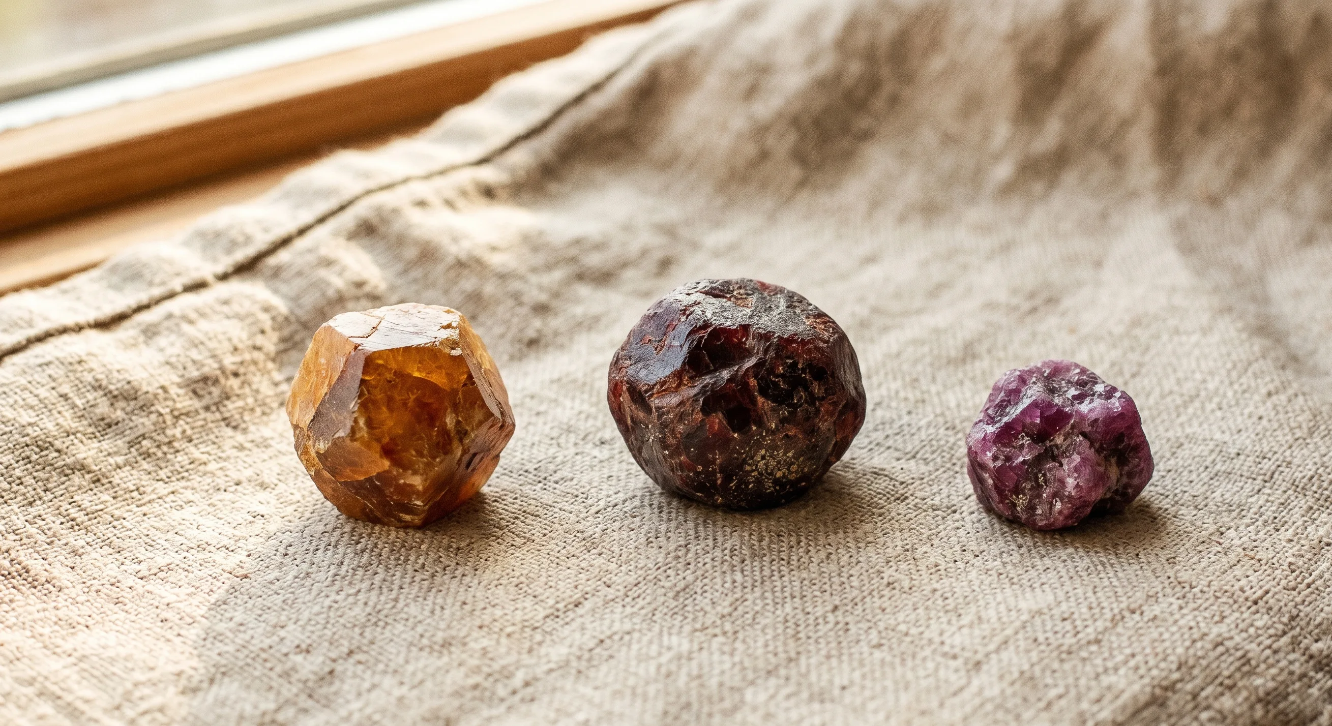 Three rough Sri Lankan garnet crystals on weathered linen fabric: a dodecahedral honey-amber hessonite crystal, a darker almandine rough, and a small raspberry rhodolite, in warm window light.