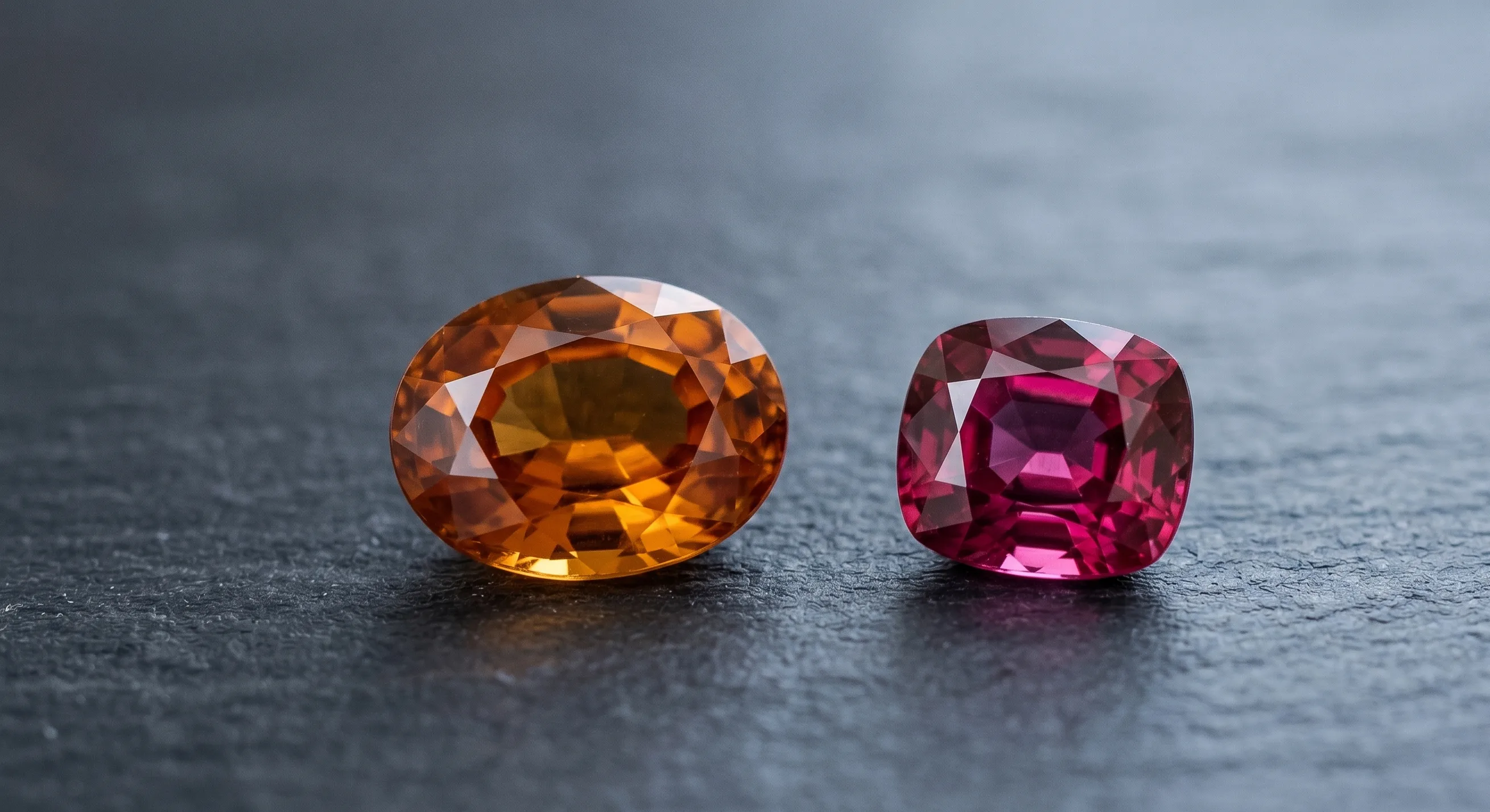 A pair of cut and polished Sri Lankan garnets, a honey-amber hessonite oval and a raspberry-pink rhodolite cushion, sitting side by side on dark slate with one soft side-light catching the table of each stone.