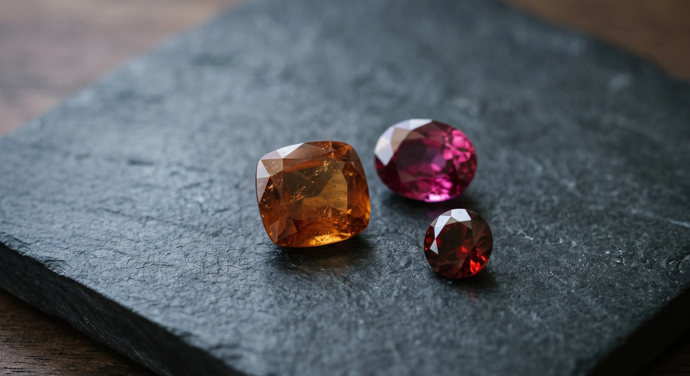 A small selection of loose Sri Lankan garnets including a honey-amber hessonite cushion, a raspberry-pink rhodolite oval, and a deep red almandine round, arranged in a loose group on dark slate under soft directional lighting.