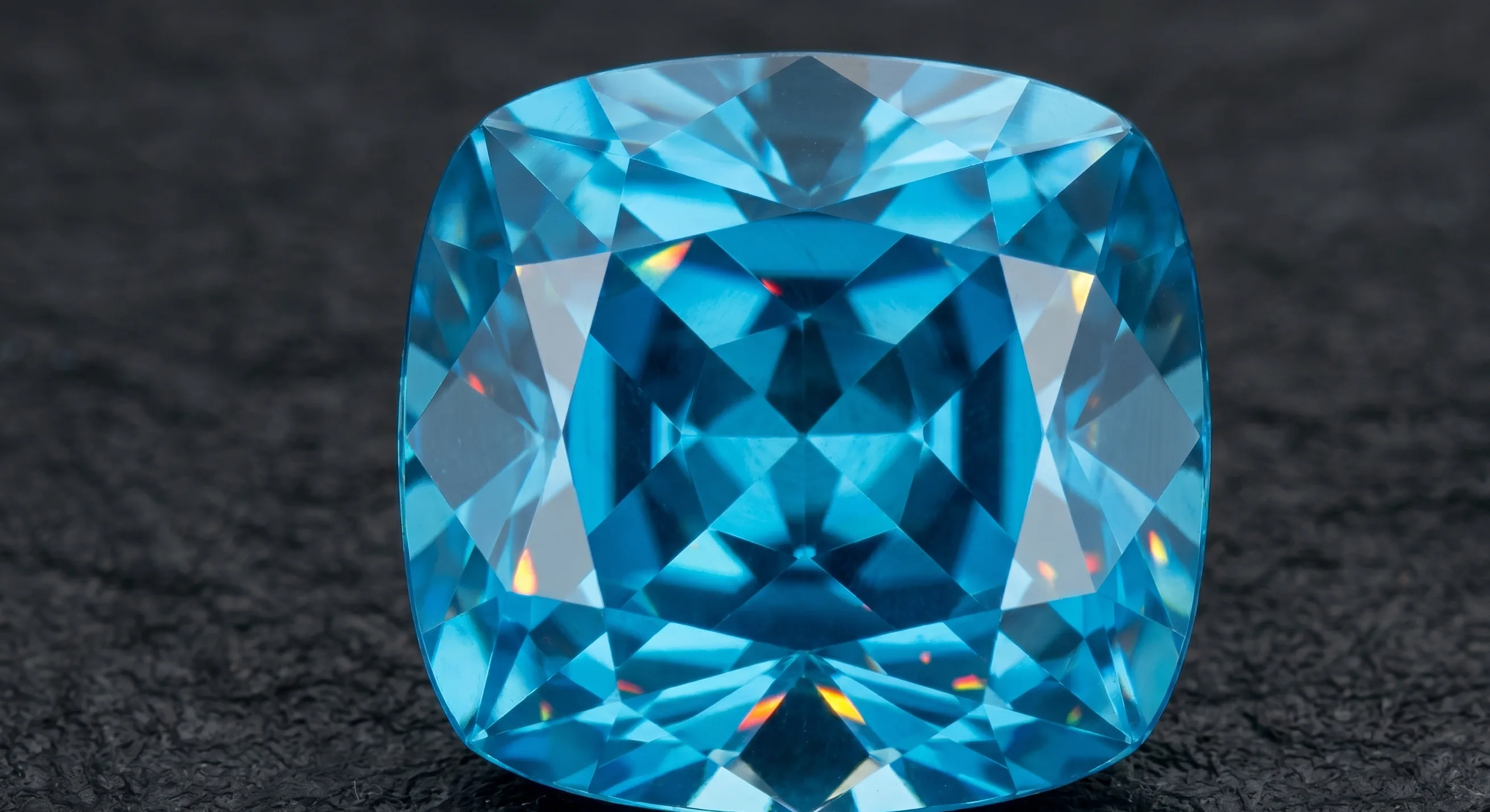 A macro view of a faceted Ceylon blue zircon cushion catching cool studio light on a dark slate background, with the table and crown facets clearly defined.