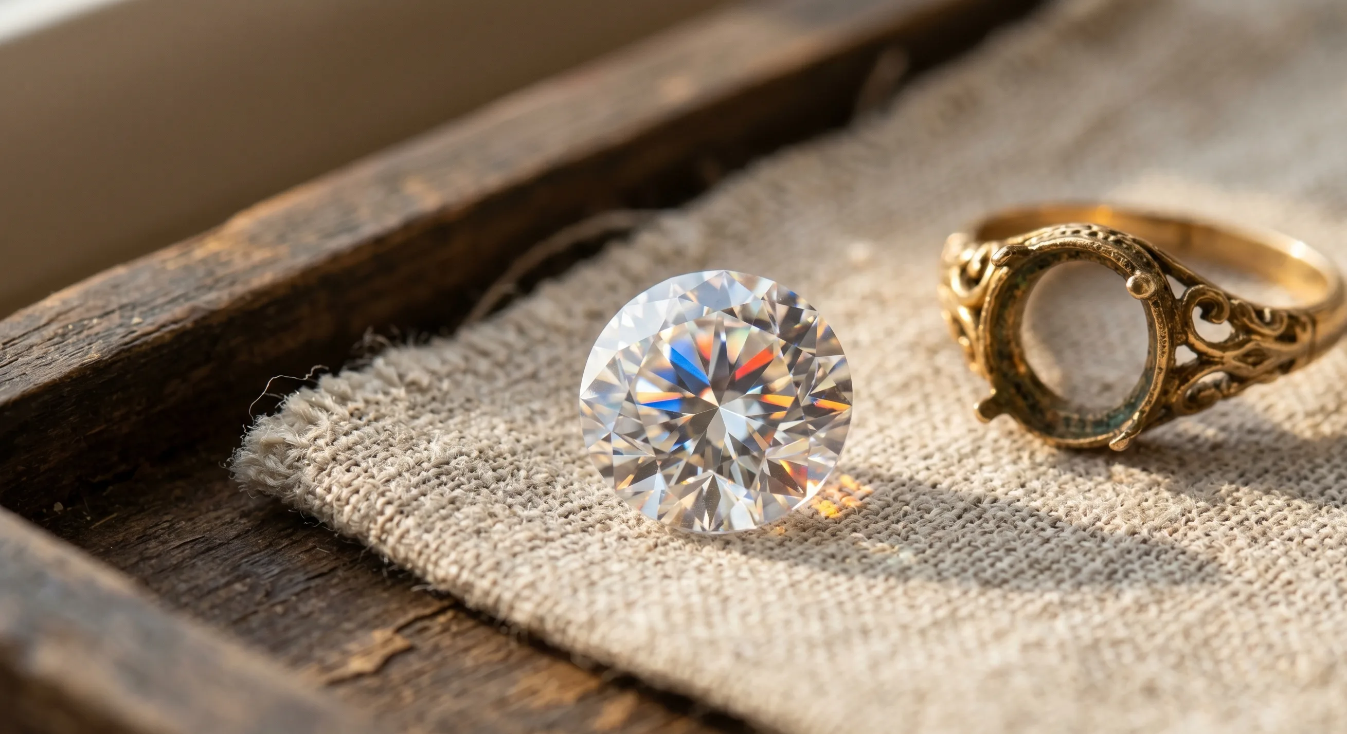 A faceted colourless Ceylon zircon round, the historical Matura diamond, photographed beside an antique gold setting on weathered linen, lit warmly to show the fire dispersing through the crown.