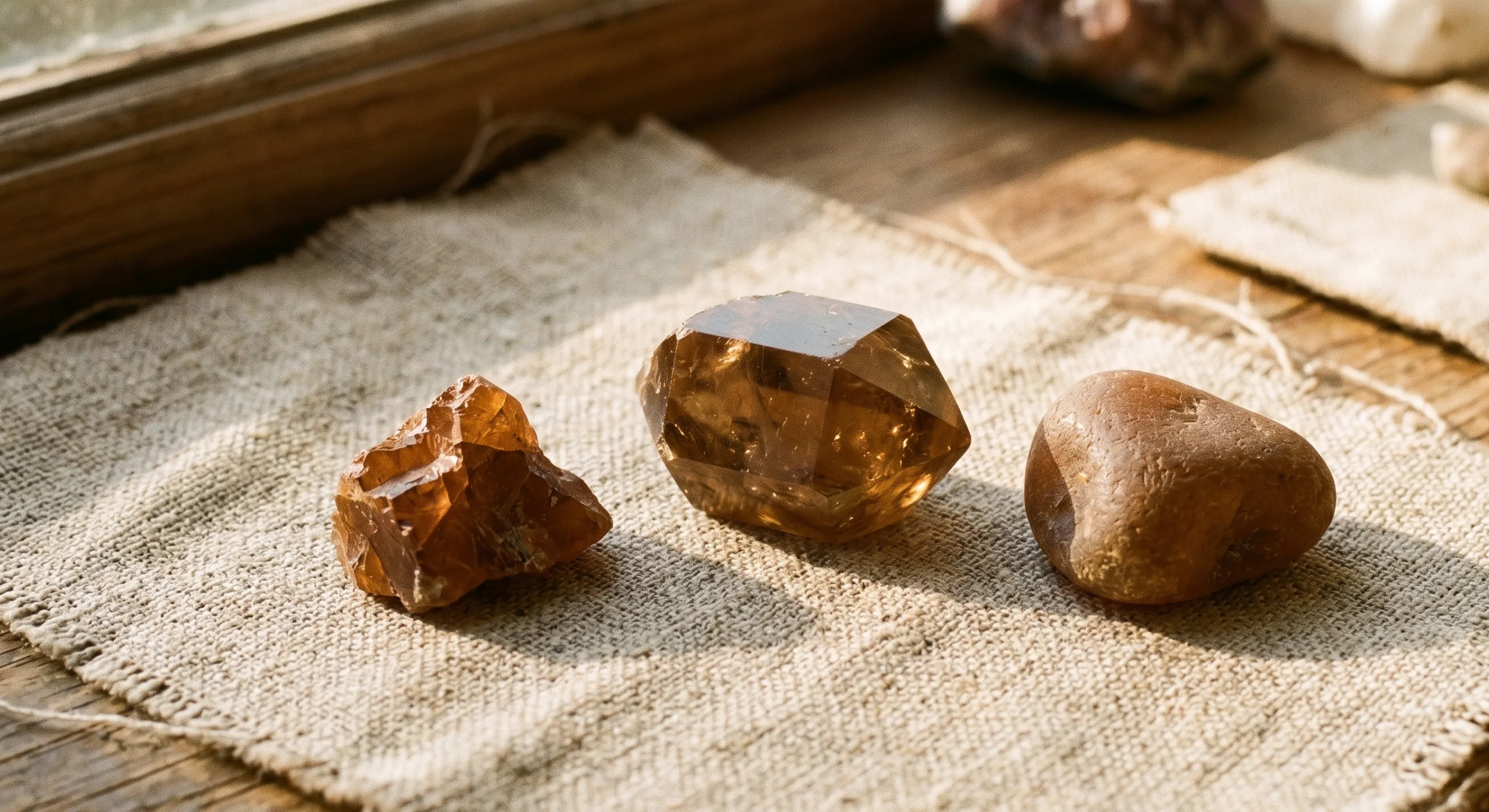Three pieces of rough Ceylon zircon crystal on weathered linen fabric in warm window light: a tetragonal honey-brown crystal, a smaller cinnamon-orange piece, and a partially water-worn pebble showing the alluvial origin.