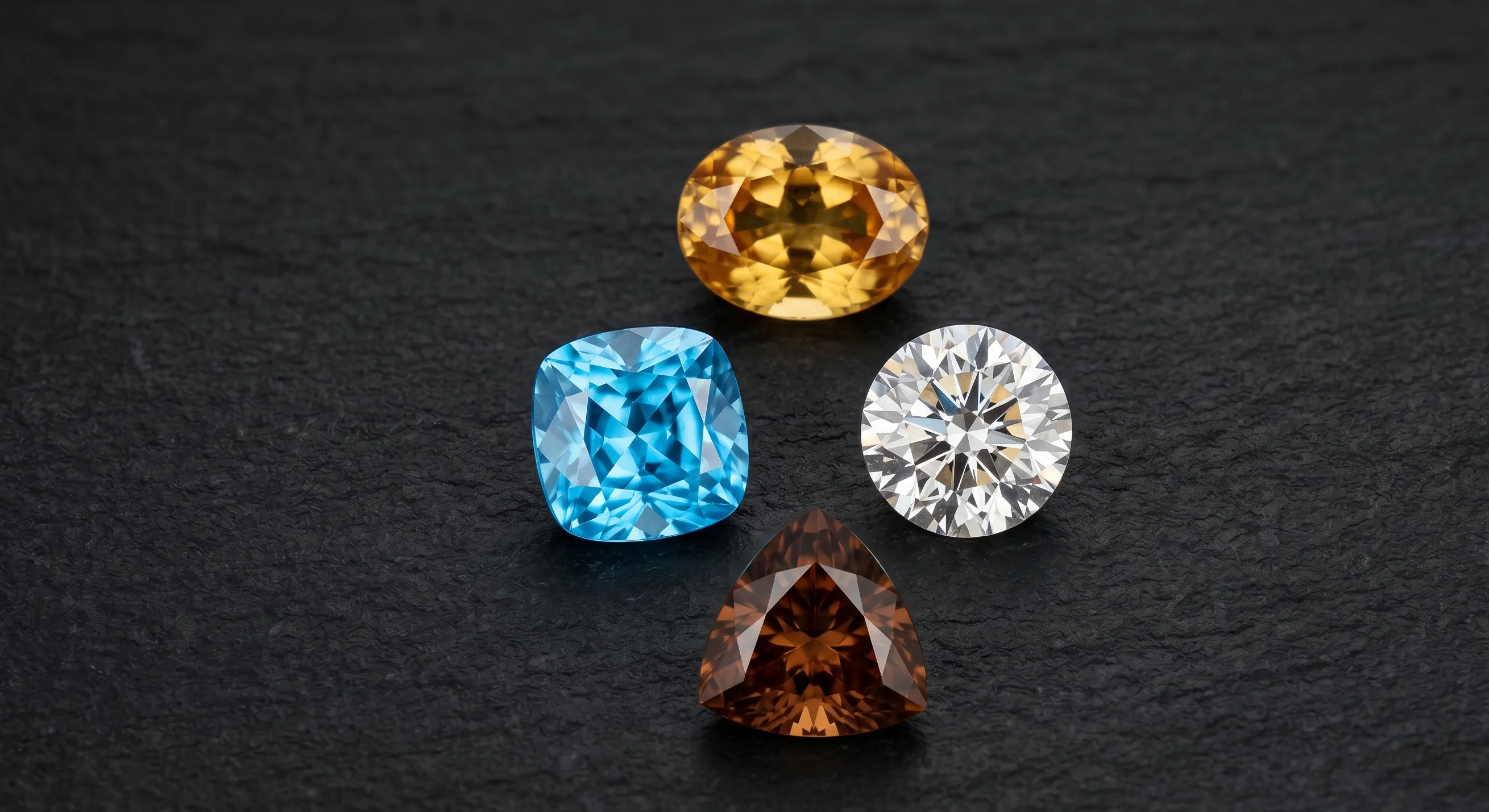 A loose grouping of Ceylon zircons on dark slate including a bright blue cushion, a colourless Matura zircon round, a honey-yellow oval, and a cinnamon-brown trillion, under soft directional studio lighting.