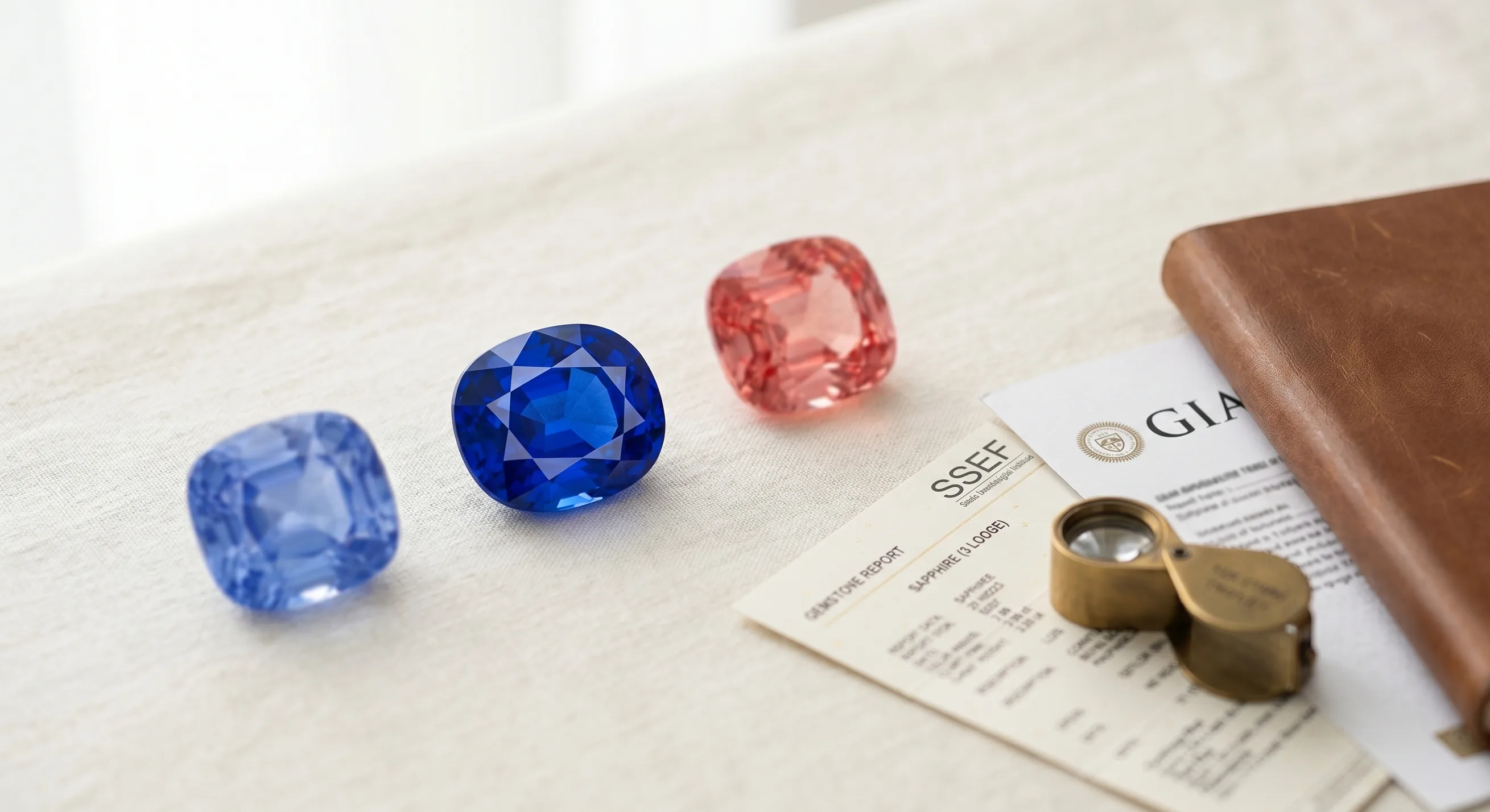 Top-down shot of three certified Ceylon sapphires in cornflower blue, royal blue, and padparadscha pink-orange laid out on cream linen next to printed SSEF and GIA laboratory reports and a brass loupe.