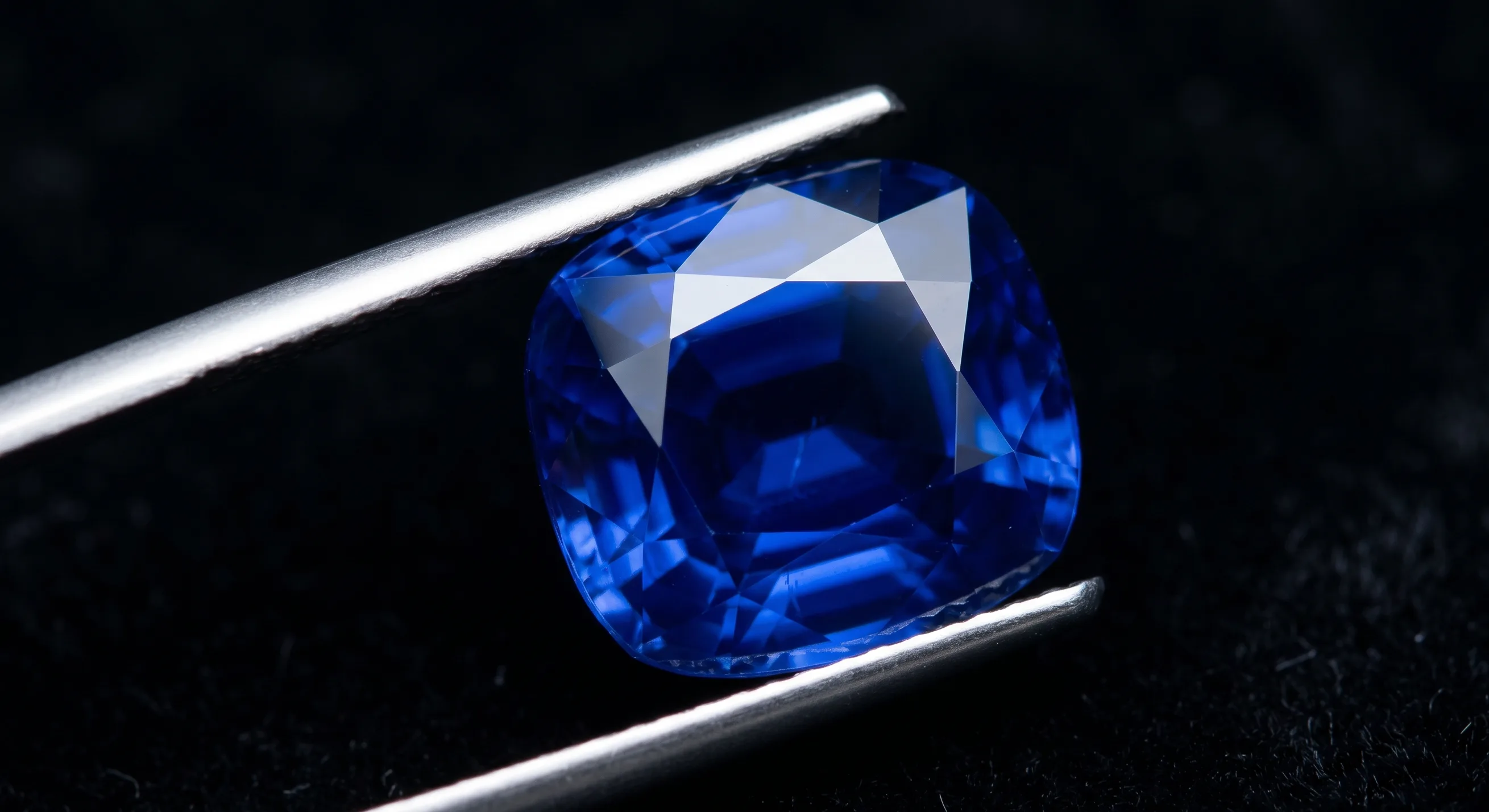 Close-up macro of a single unheated three-carat cushion-cut Ceylon sapphire in royal blue held in stainless steel gem tweezers against a black velvet jeweler's tray.