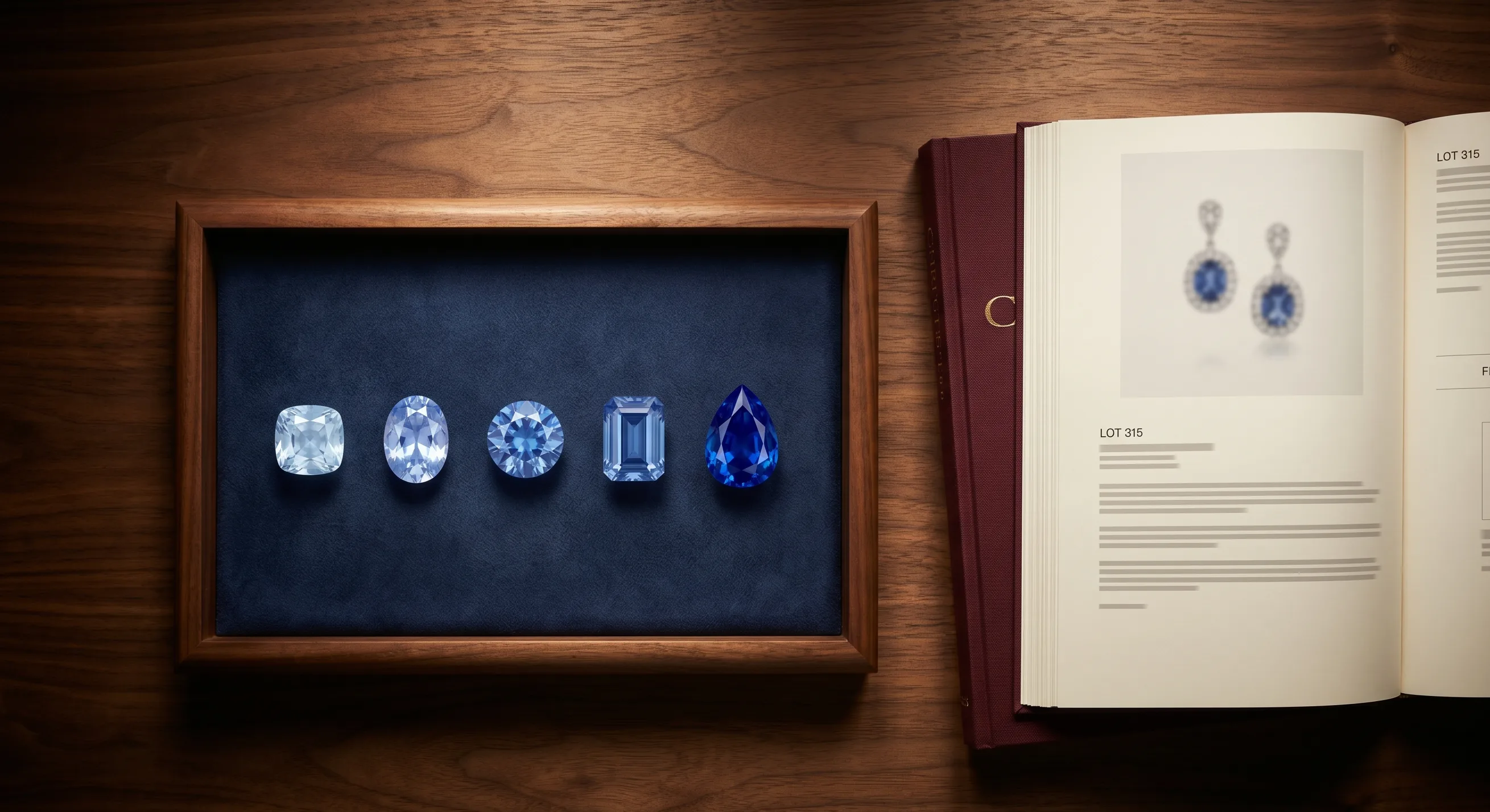Editorial overhead shot of a wooden auction-house tray holding five loose Ceylon sapphires arranged in a line from pale blue to royal blue with a printed Christie's catalog page next to it.