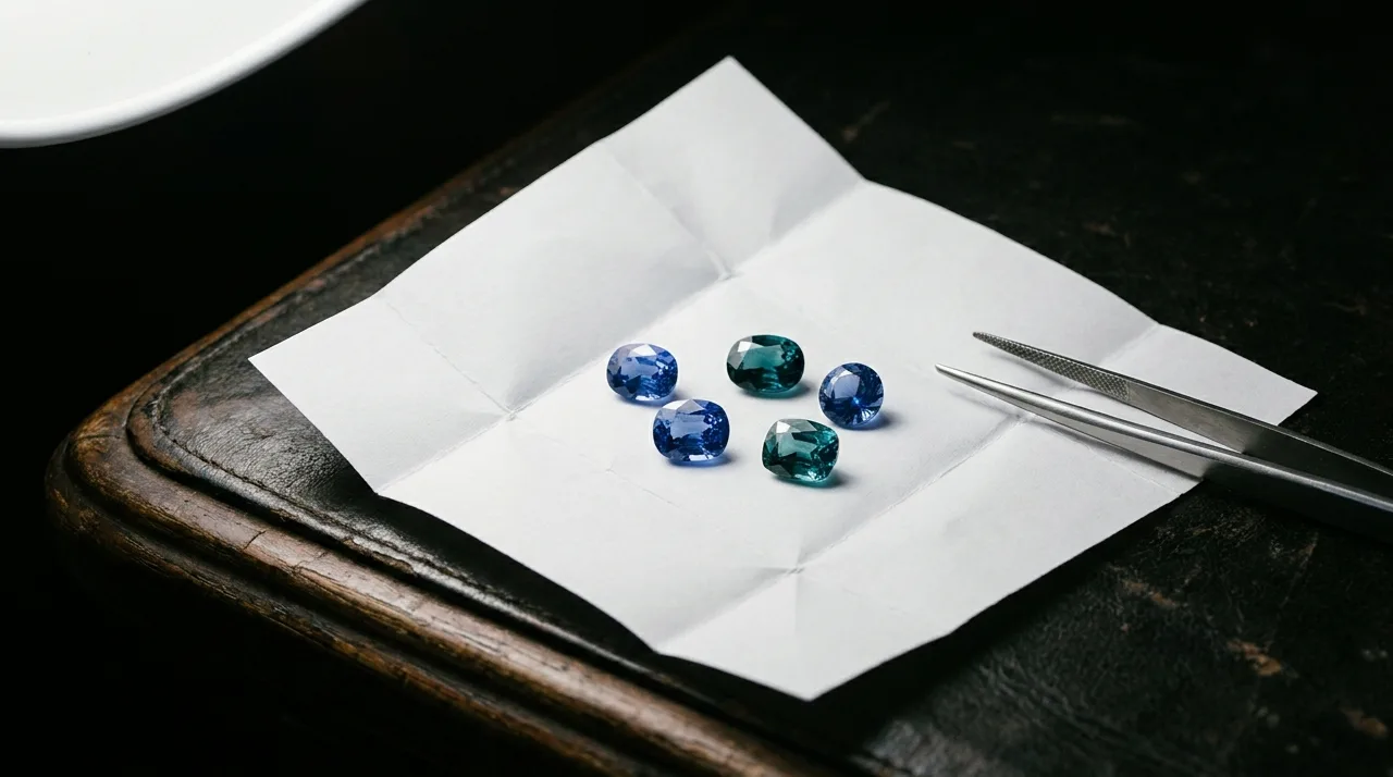 Five loose faceted Ceylon sapphires in blue and teal resting on a folded white gem parcel paper beside steel tweezers, lit by a single daylight lamp on a dark dealer's desk.