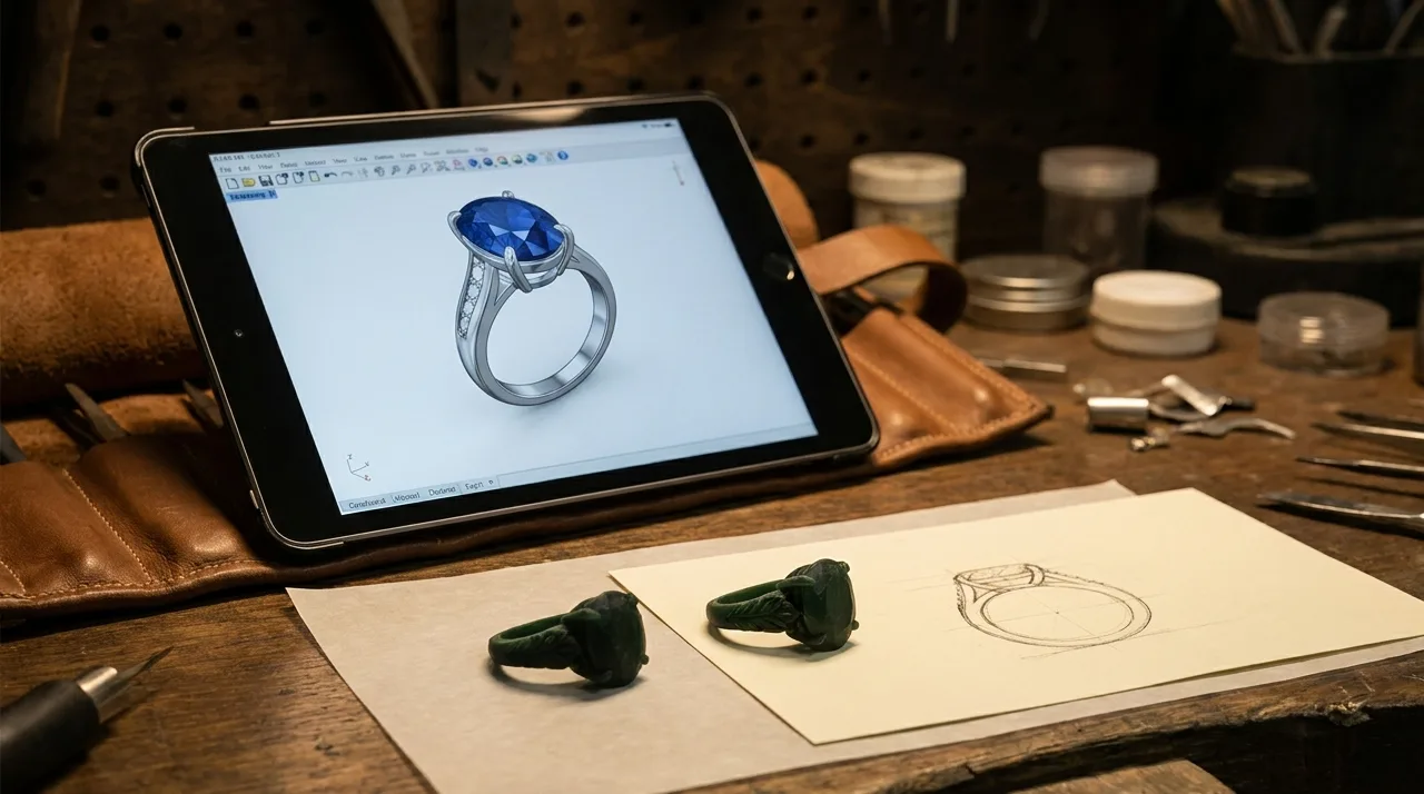 A photorealistic ring design rendering on a tablet screen propped on a jeweller's workbench, next to two carved wax ring models and a pencil sketch of a solitaire setting.