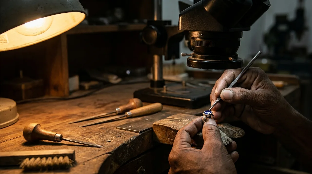 A goldsmith's hands setting a blue sapphire into a platinum ring under a bench microscope, surrounded by gravers and files on a worn wooden workbench in warm workshop light.