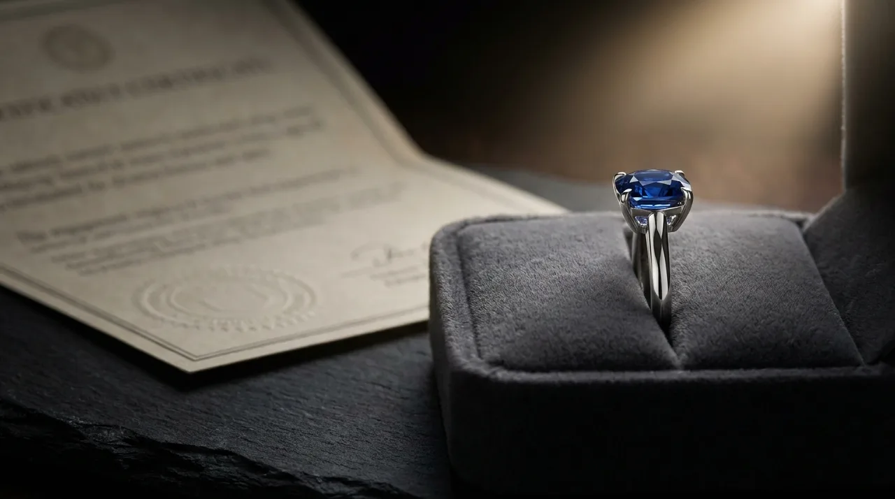 A finished platinum solitaire ring with a vivid blue Ceylon sapphire standing upright in a dark presentation box beside its printed gemological certificate, under a single soft spotlight.