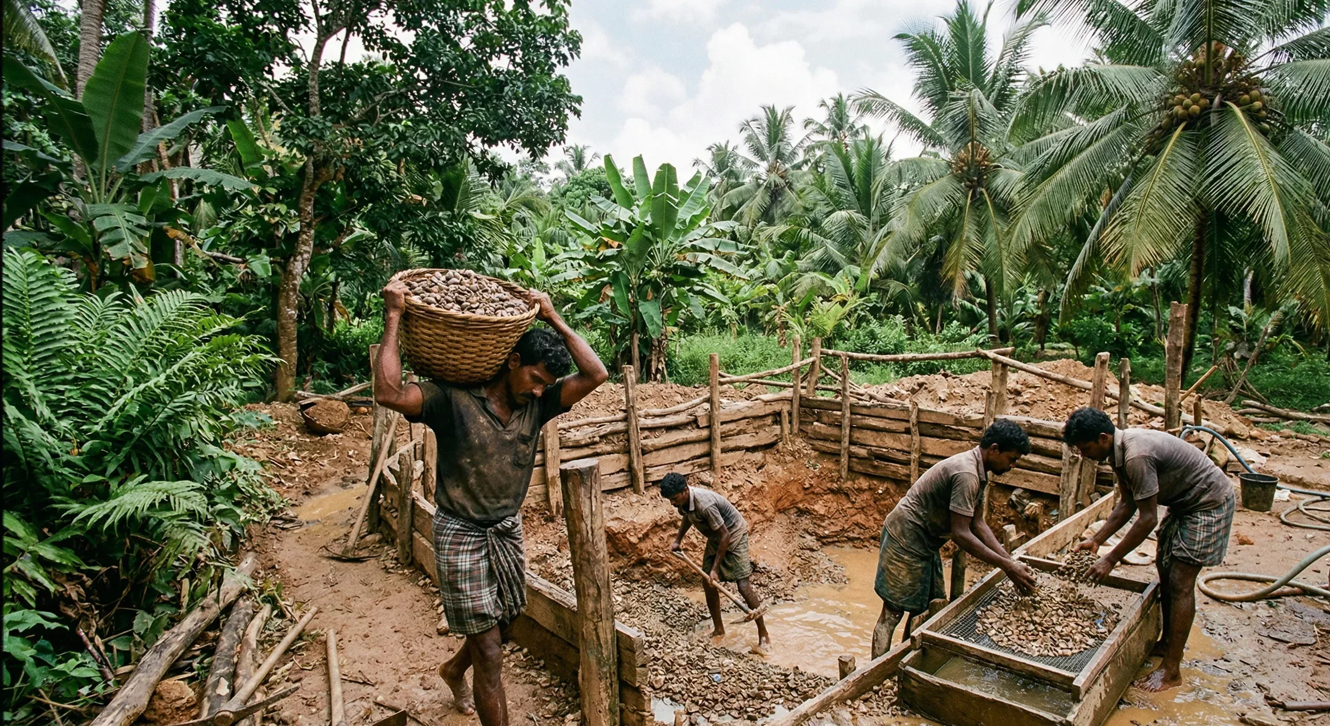 Lush Sri Lankan valley with flooded rice paddies, narrow paths and irrigation channels, ringed by dense tropical forest and palms.