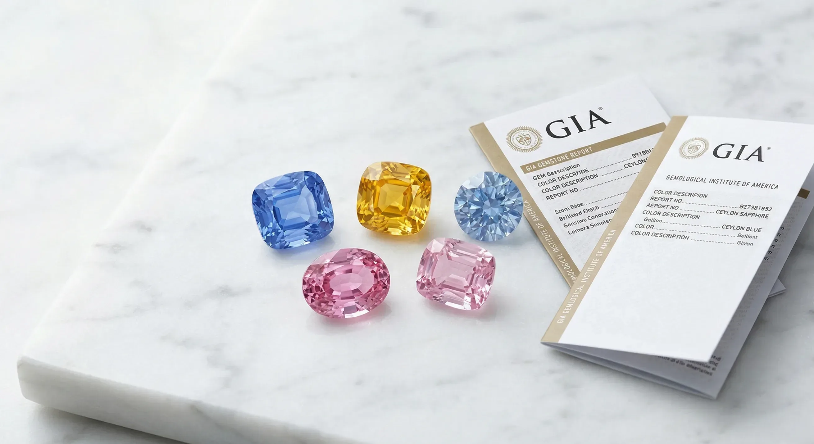 Five faceted sapphires in blue, yellow, and pink hues on white marble beside GIA gemstone reports.