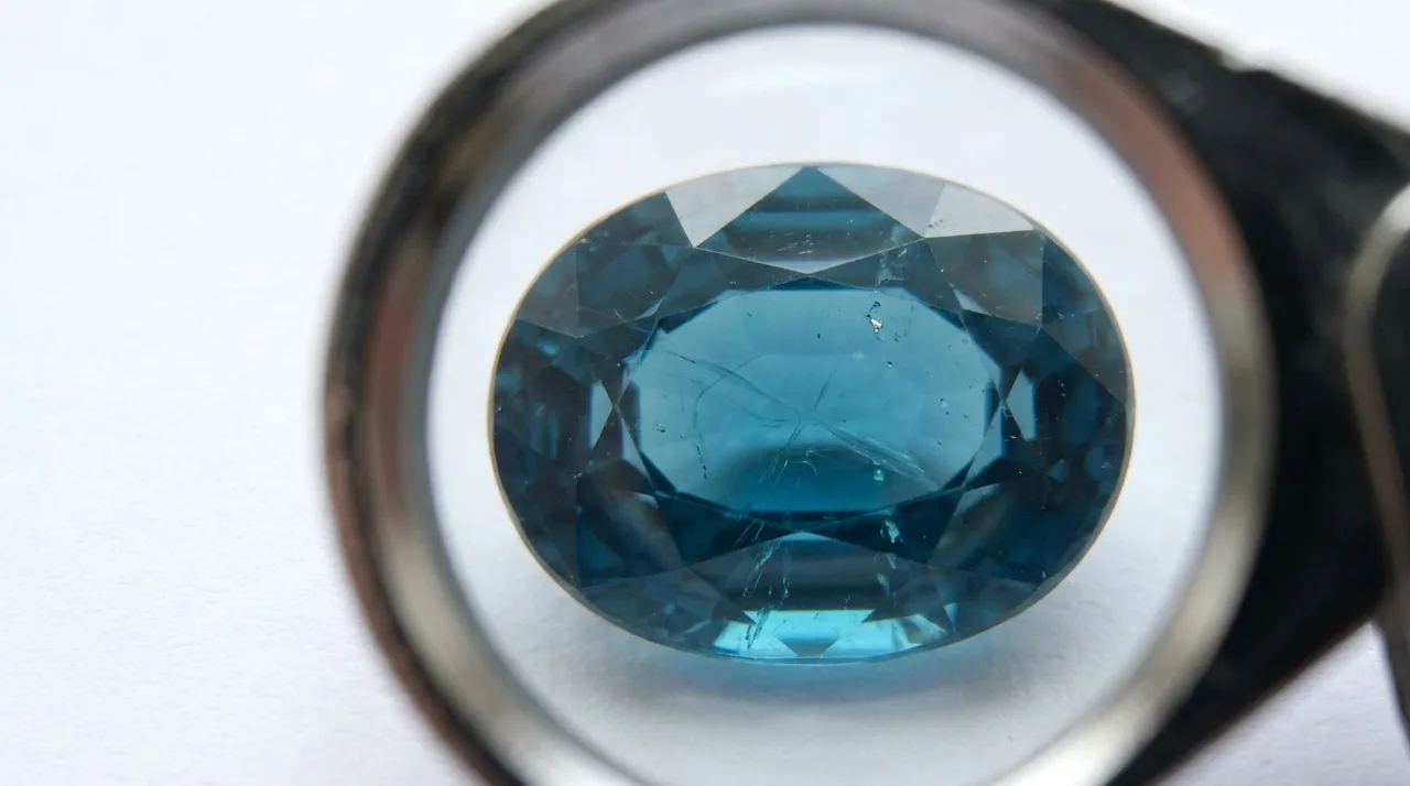 A loose teal-blue sapphire viewed face-up through a jeweller's 10x loupe on a white background, fine natural silk inclusions visible inside the stone, daylight lighting.
