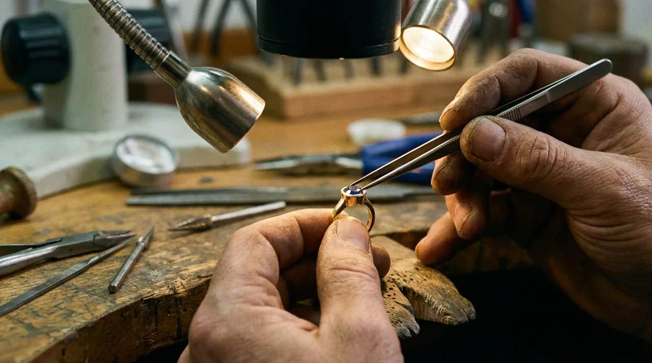 A goldsmith's hands lowering a blue sapphire into the empty centre seat of a finished gold semi-mount ring under a bench microscope, gravers and files on a worn wooden workbench, warm workshop light.