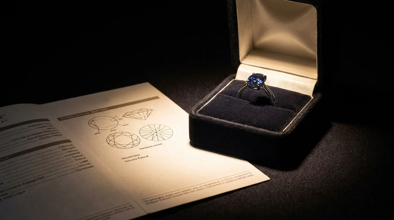A finished platinum solitaire ring with a vivid blue Ceylon sapphire standing upright in a dark presentation box beside its loose-stone laboratory report, single soft spotlight.